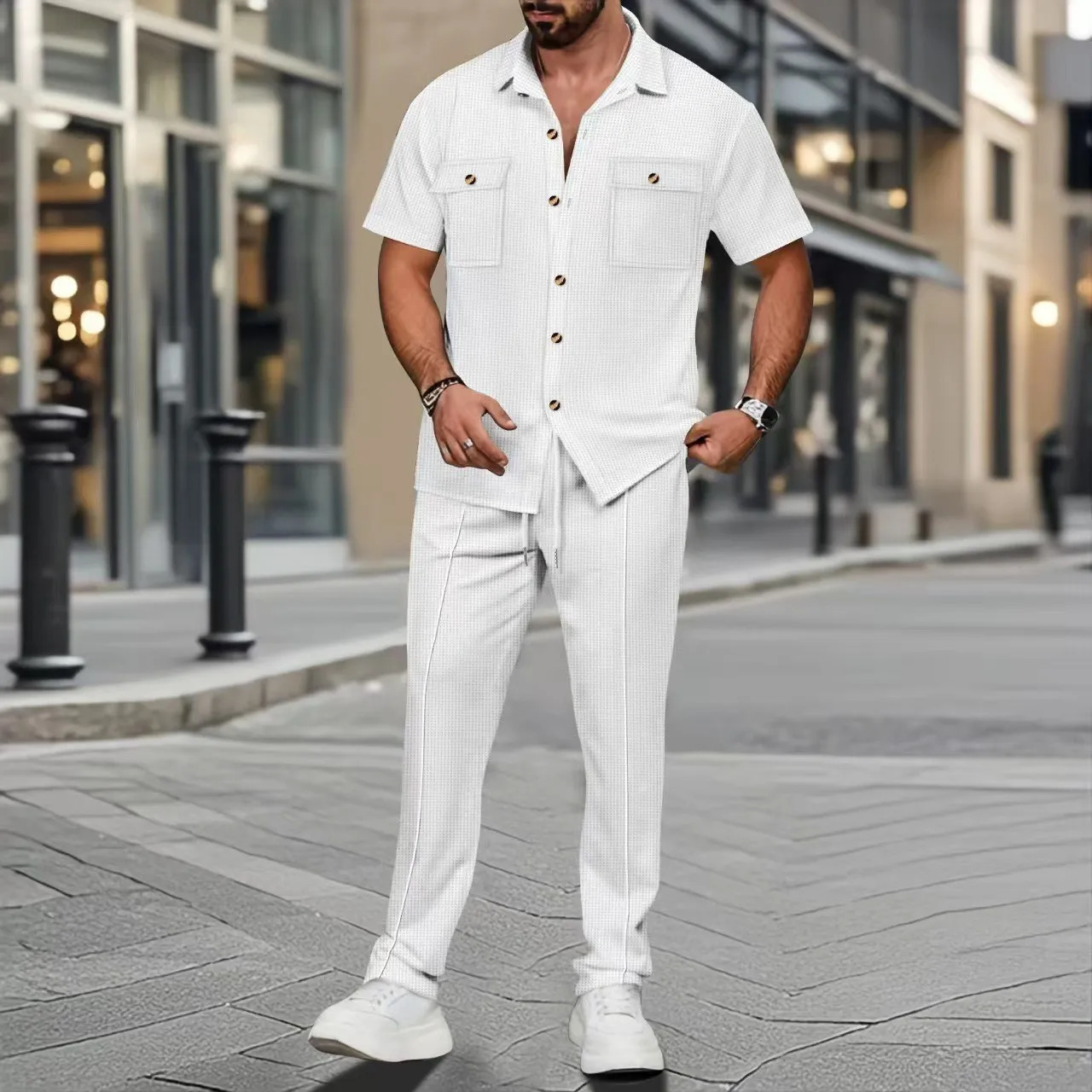 2025 crossborder mens summer solid color buttonup pocket shirt shortsleeved trousers twopiece set 251021