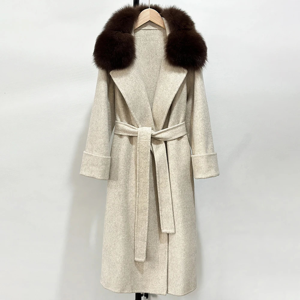 Real Fox Fur Collar Wool Jacket Elegant Woolen Coat Female Autumn Wool Blend Coat Fashion Warm Winter Doublesided Cashmere 251017