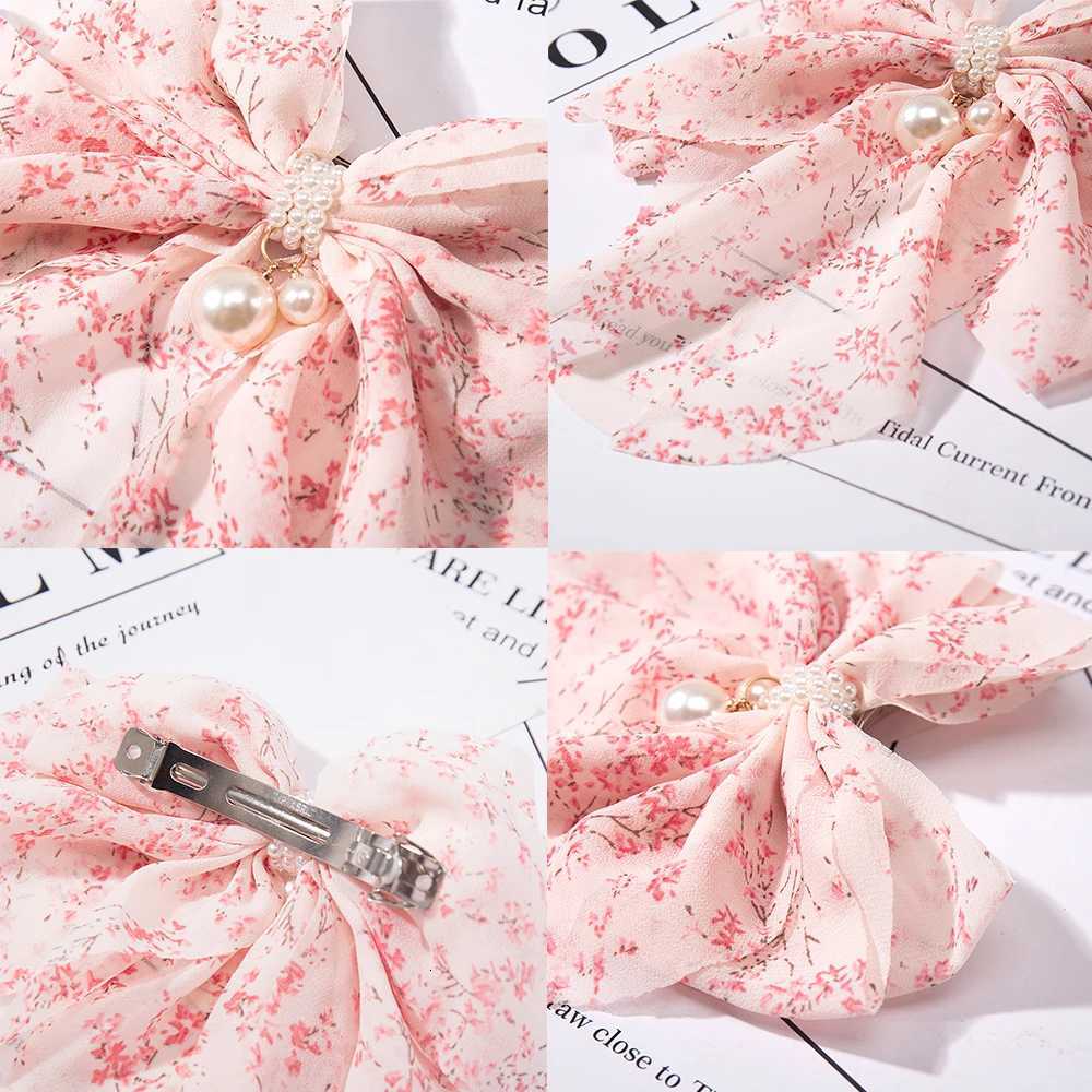 Ladies Bow Hair Accessories Fashion Hairgrip Chiffon Ribbon Hairpins Spring Ponytail Barrettes Pearls Women Girls Hair Clips TieW254021