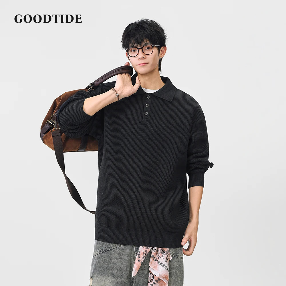 Fashion Mens Casual Polo Collar Sweater 2025 Winter Ribbed Knitted Pullover Button Placket Soft Long Sleeve Jumper Top 251020