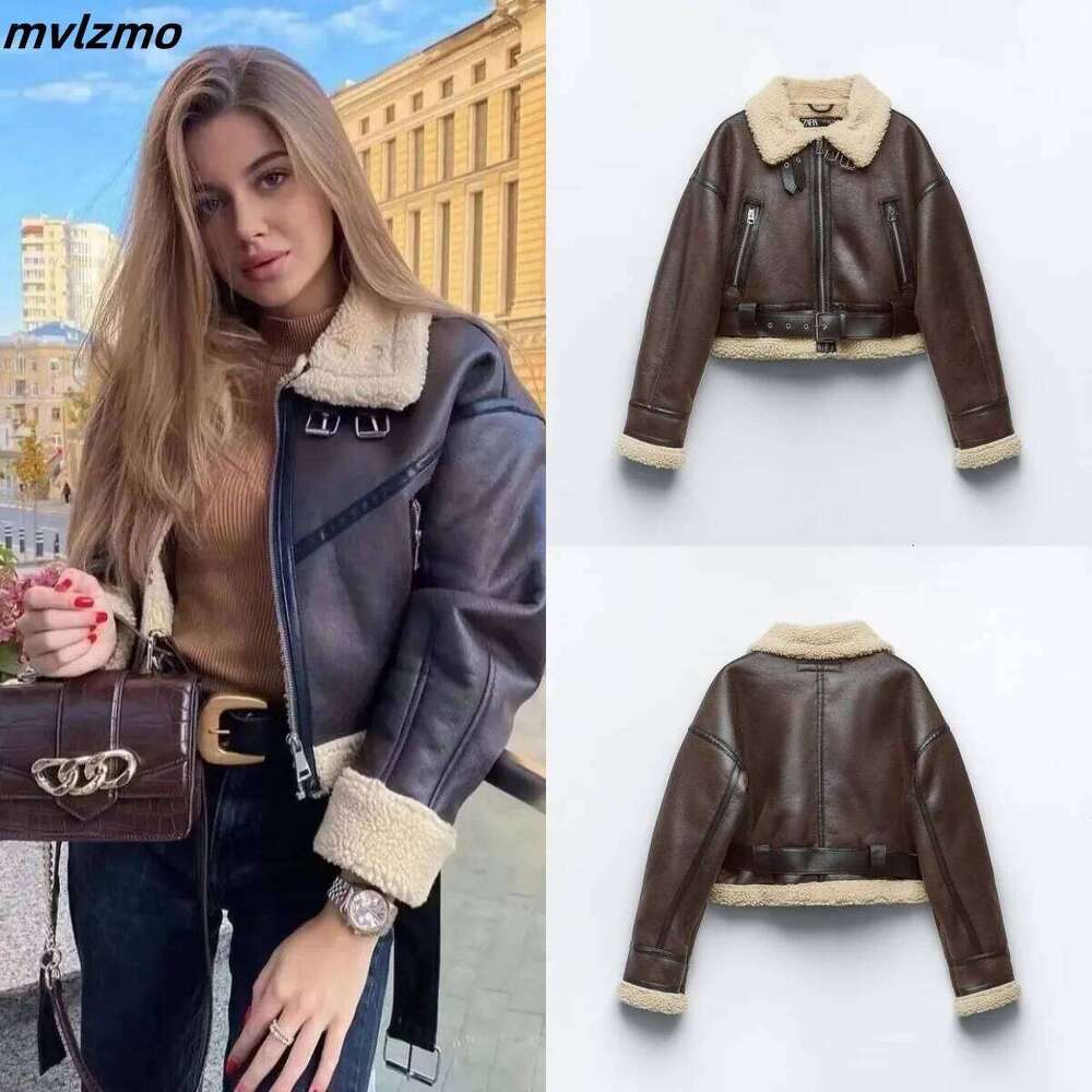 Winter Women Streetwear Faux Lamb Leather Fur Short Jacket With Belt Moto Biker Thick Warm Sheepskin Coat Outwe