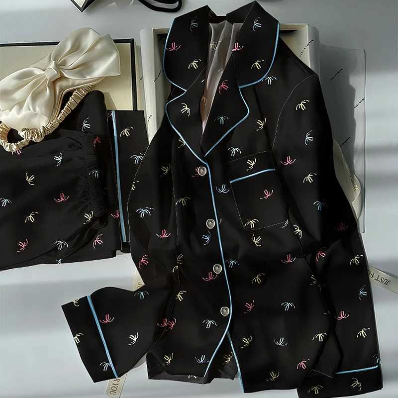 Korean Style Casual Print Womens Pajamas Fun Print Lace Solid Design 2 PC Set Pajamas Autumn Winter New 2025 Loungewear Fashion Y251104