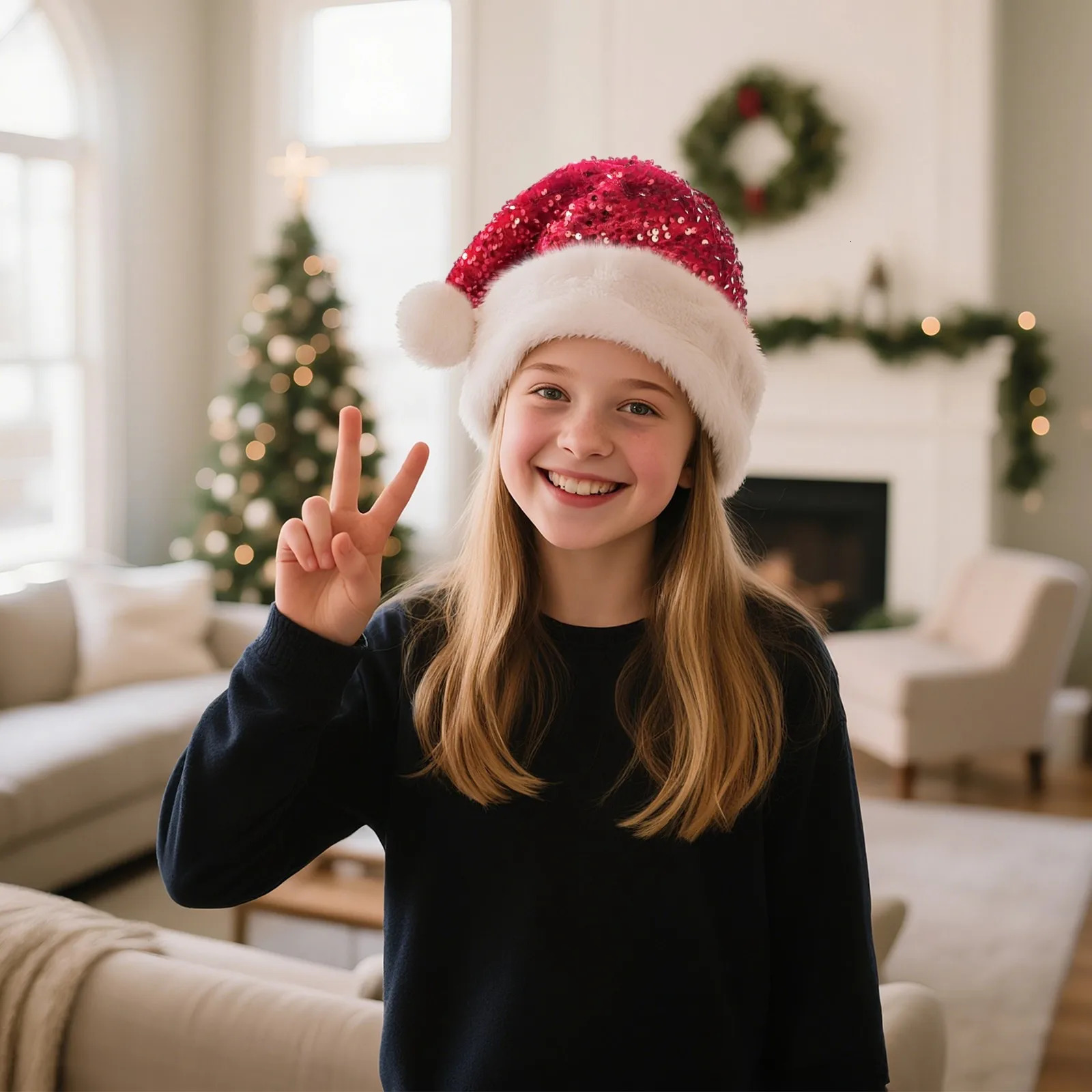 1PC Doublelayer Sequined Christmas Hats Christmas Decorations Sequin Plush Hat Plush Thickened Christmas Cap with Fluffy Pompom 251021