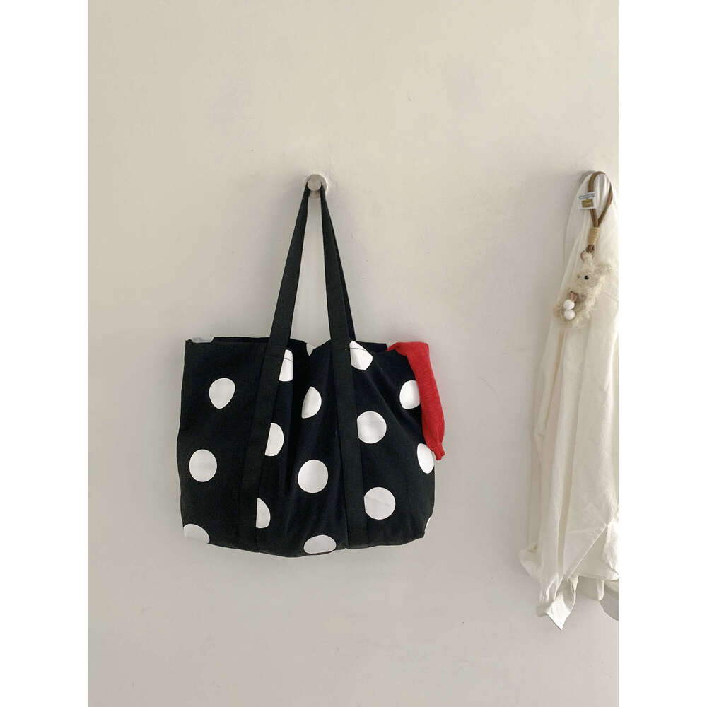 Korean Style Large Capacity Tote New Trend Simple Shoulder Women Fashion Design Polka Dot Canvas Bag B5