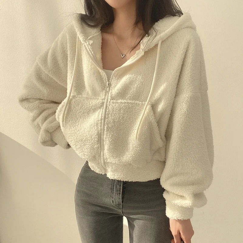 Women Autumn Winter Thicken Warm Fleece Hoodie Zipper Drawstring Short Coat Lamb Fur Velvet Jacket Casual Sweatshirt Streetwear 251021