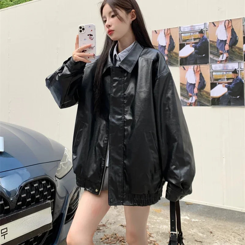 Faux Leather Jacket Women American Vintage Solid Pu Loose Casual Biker Outwear Streetwear Coats Woman 251021