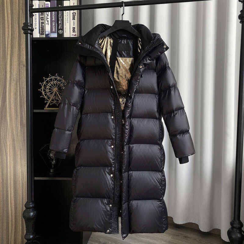 Clothing Winter Black Gold New National Standard White Duck Mid Length Down Jacket Women Temperament Hooded Windproof Over Knee