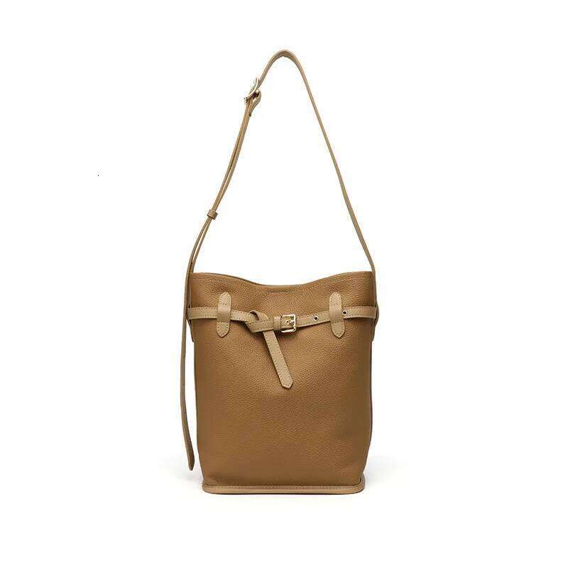 Genuine Leather Bucket New Niche Design Top Layer Cowhide Contrast Belt Buckle Fashion Women One-Shoulder Crossbody Bag 251021