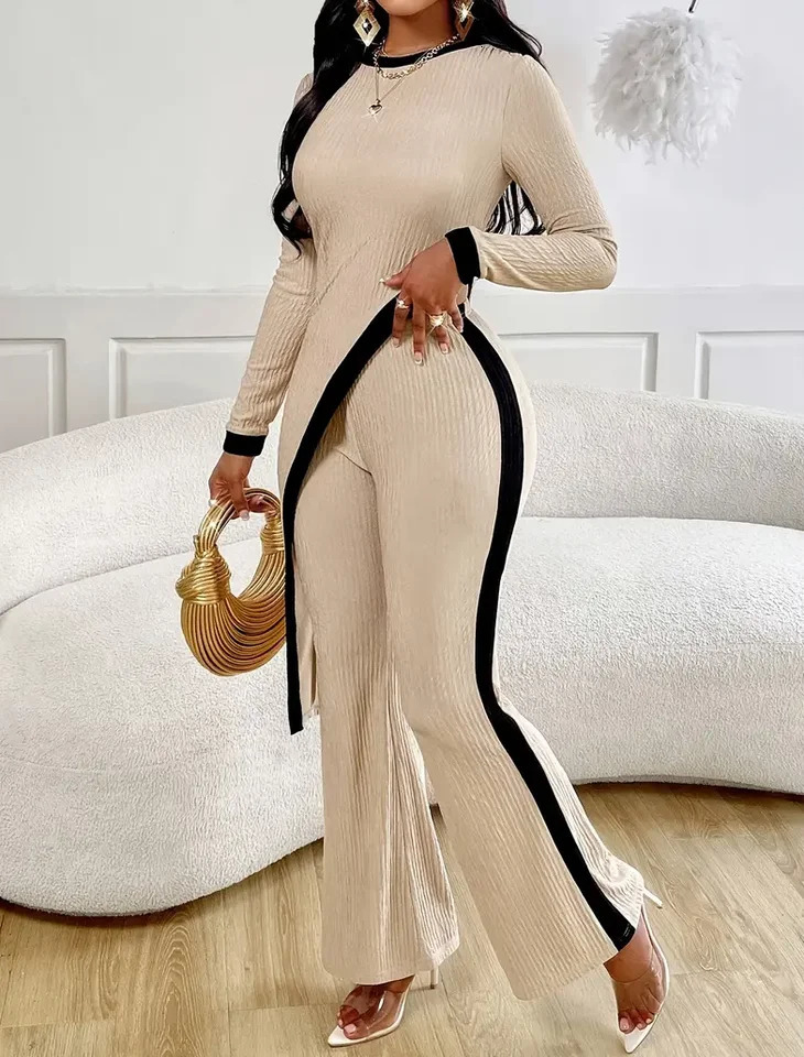 Elegant womens tight fitting asymmetrical hem pants top set for women 251021