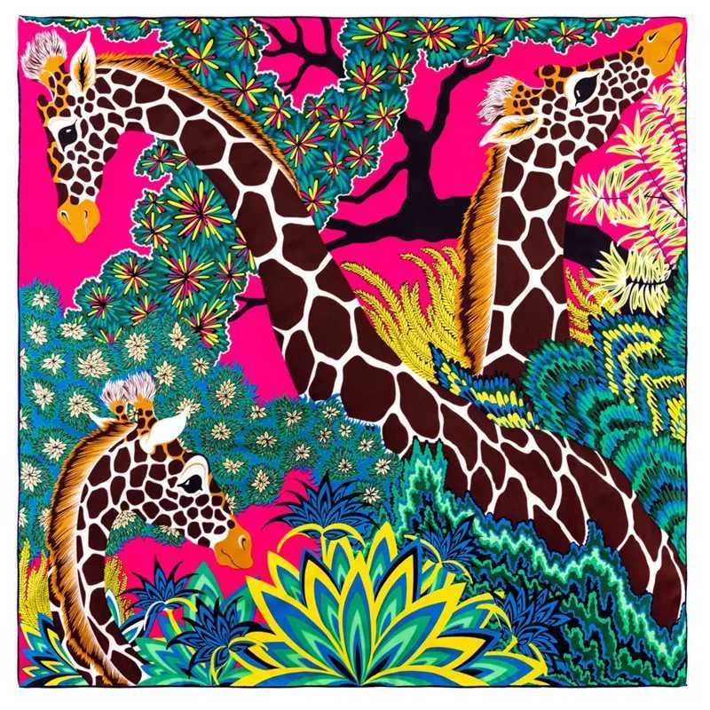 POBING Twill Silk Scarf Wen Three Giraffes Square Scarves Manual Hand Rold Echarpes Foards Fme Wrap Bandana Hijab 90CMW251021