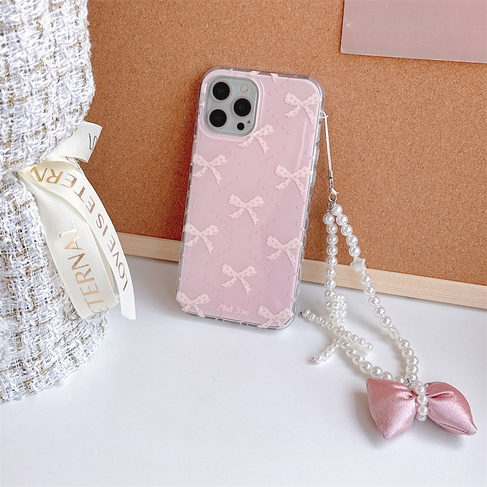 for iPhone 17/16 Case, with Hand Wrist Strap Lanyard, Bow Case , Wireless Slim Clear Ribbon Protective Phone Cover with Charm for Women Girl - Pink