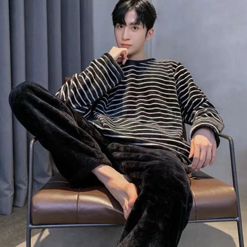 Winter Flannel Pajamas Men Korean Version of the Striped Padded LongSleeved Cartoon Nightwear Homewear Set Sleepwear Loungewear 251021