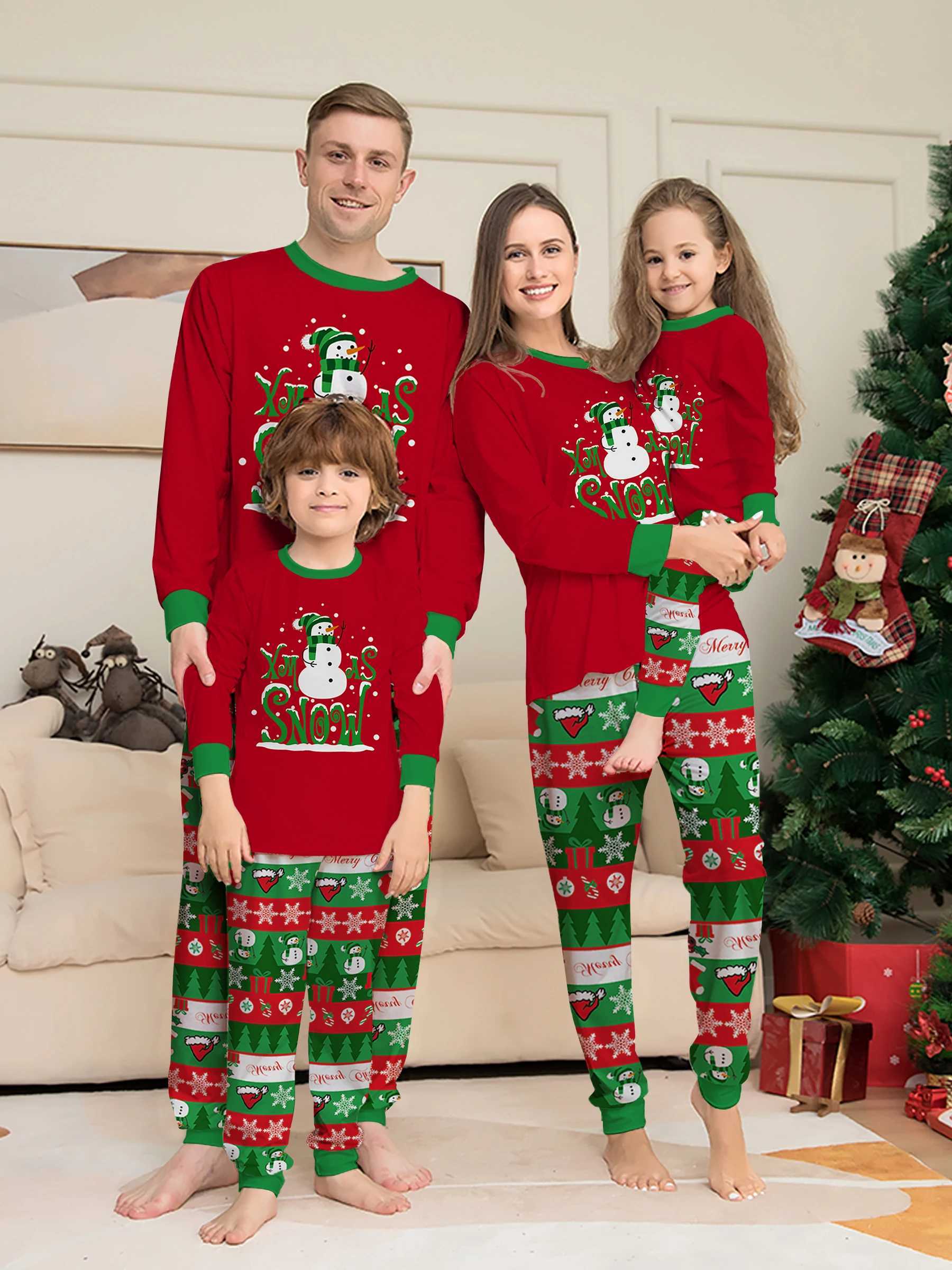 Christmas Family Matching Pajamas Set Xmas Snow Snowman Print Red Green Sleepwear for Men Women Kids L251021WID7