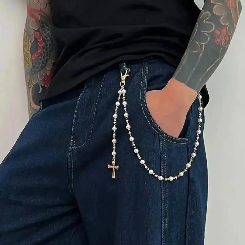 Ingemark Creative Cross Pendant Pearl Keychain Wallet Belt Chain for Men Women Trousers Hipster Jeans Chain Jewelry 251021