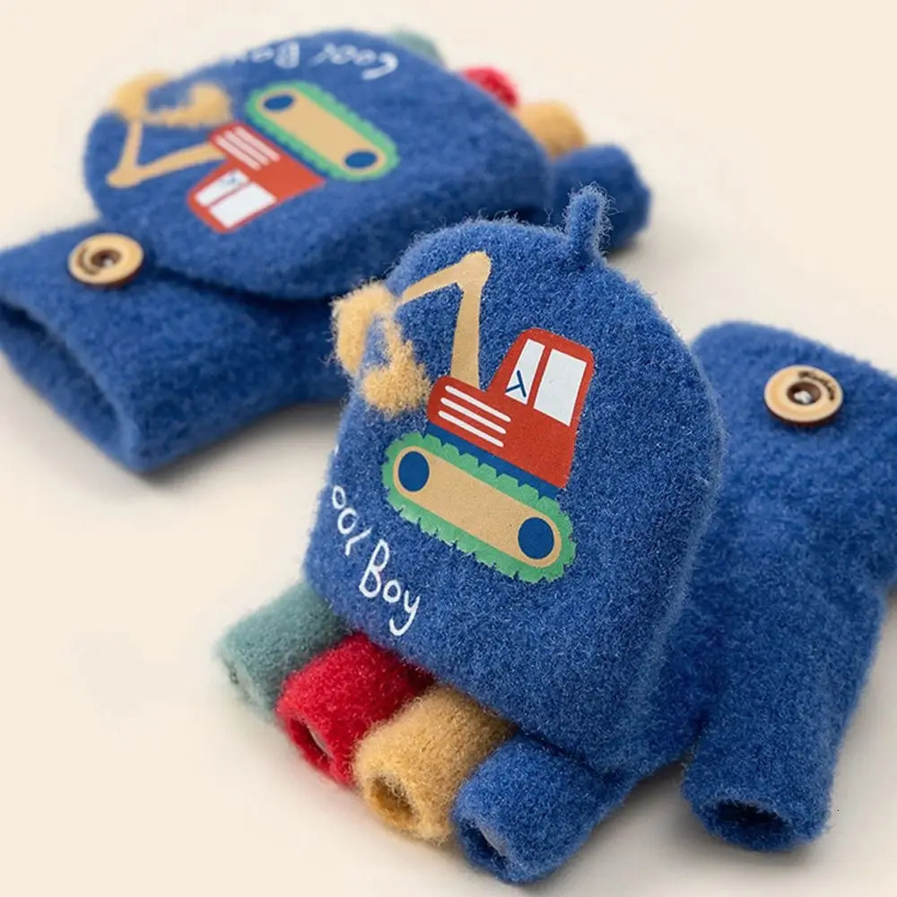 Fashion Autumn Winter Warm Gloves Cute Cartoon Exposed Finger Knitted Gloves Plush Thickened Children Mittens for Children 251021