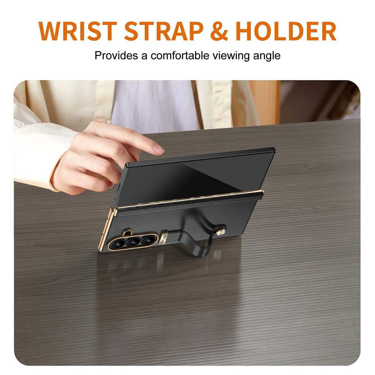 Luxury Electroplated Leather Wristband Holder Phone Case For Z Fold 3 4 5 6 7 Tempered Film Folding Protective CoverY251021