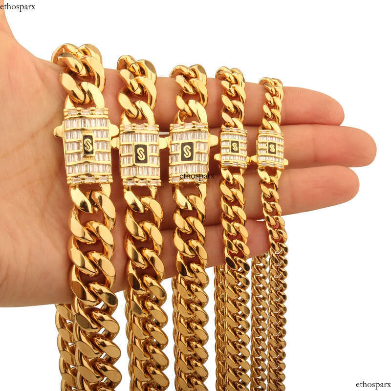 6mm-14mm Hip Hop Stainless Steel Miami Cuban Link Chain Real Gold Plated T Zircon Clasp Mens Necklace Jewelry