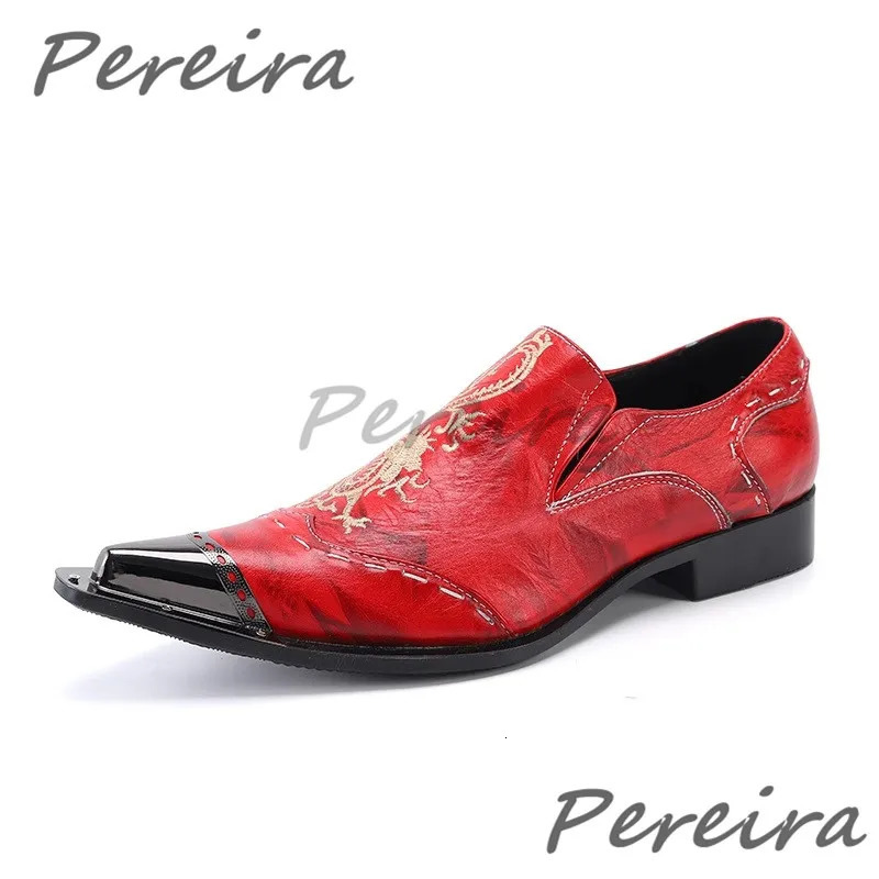 Red Embroidery Men Dress Shoes Metal Pointed Toe Slip On Loafers Chinese Style Med Heel Party Wedding Business Casual 251011