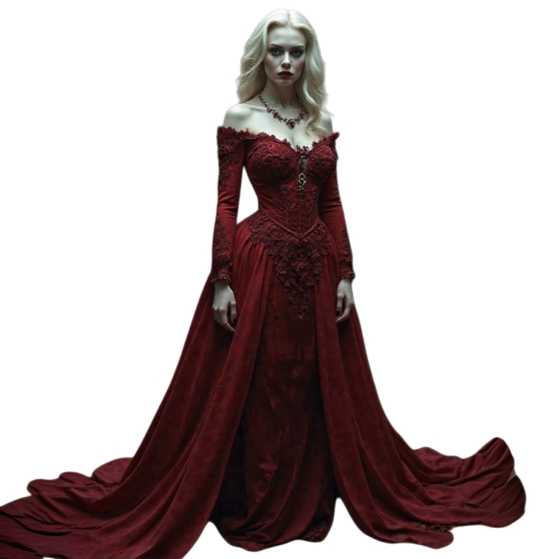 2025 Dark Red Vampire Gothic Prom Dresses With Detachable Train Off Shoulder Long Sleeves Satin Classic Vintage Evening Gowns Lace Appliques Corset Wo
