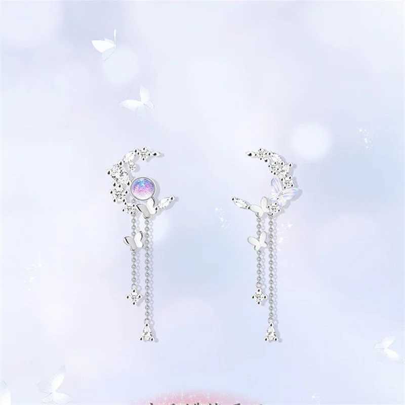 Charm Trend New Long Tassels Moon Dangle Earring For Women Girl Purple Crystal Butterfly Pendent Wedding Gift Party Jewelry J251021