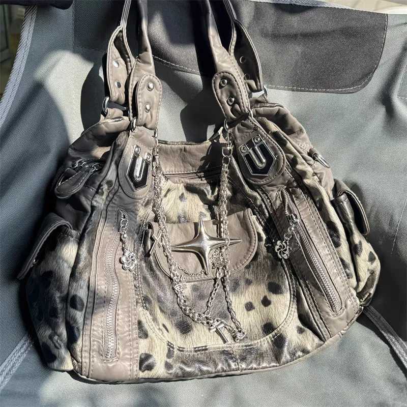 Grey Leopard Print Hangbag Cross Star Subculture Y2k Shoulder Bags Hot Girl Tote Large Capacity Portable Messenger Bag 2024 NewXJ251021