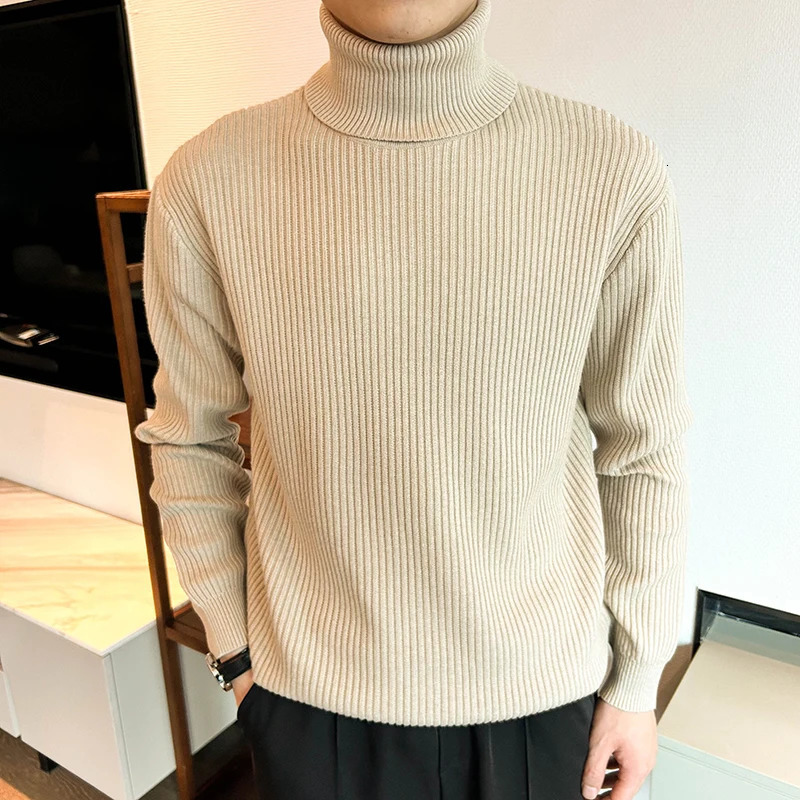 Casual Pullover Men Knit Turtleneck Sweater Autumn Winter Jacquard Striped Solid Korean Fashion Streetwear Clothing 251016