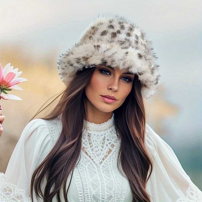 Style Leopard Print Plush Fisherman Hat for Women Autumn and Winter Slimming Niche Fluffy Warm Ear Protection Bucket Hat H251020
