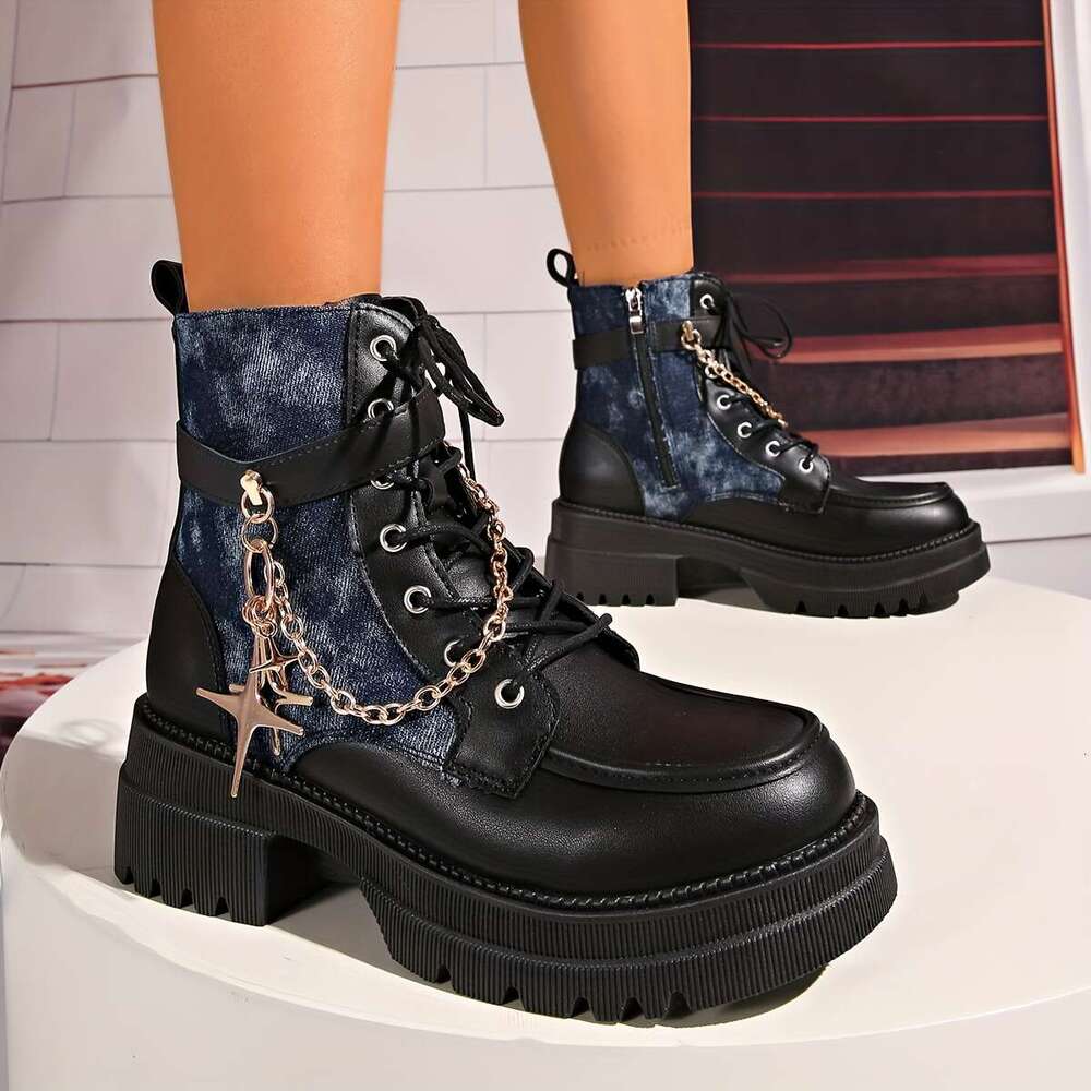 Chunky Platform Boots | Metallic Chain & Star, Thick Heel, Round Toe, Zipper, Synthetic
