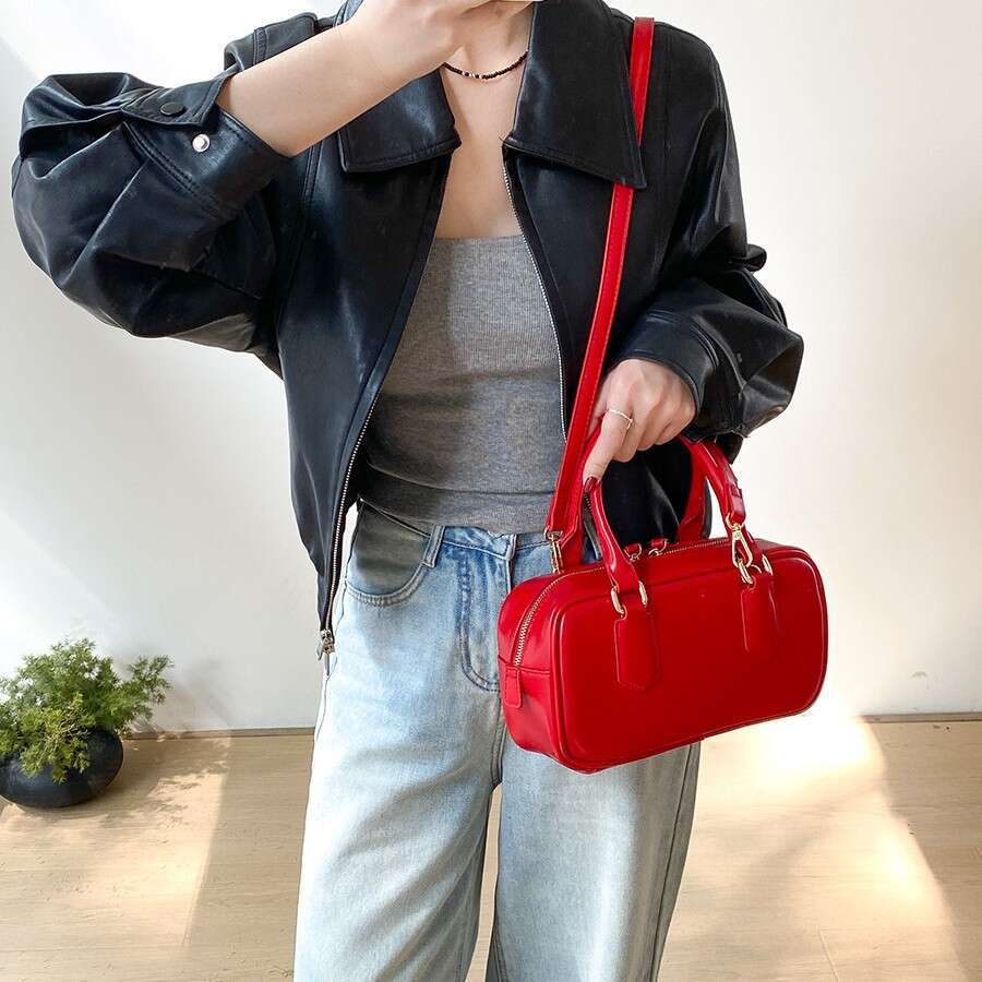 Handheld Bowling New PU Handbag Square Fashion Simple Double Zipper Single Shoulder Crossbody Bag For Women B5