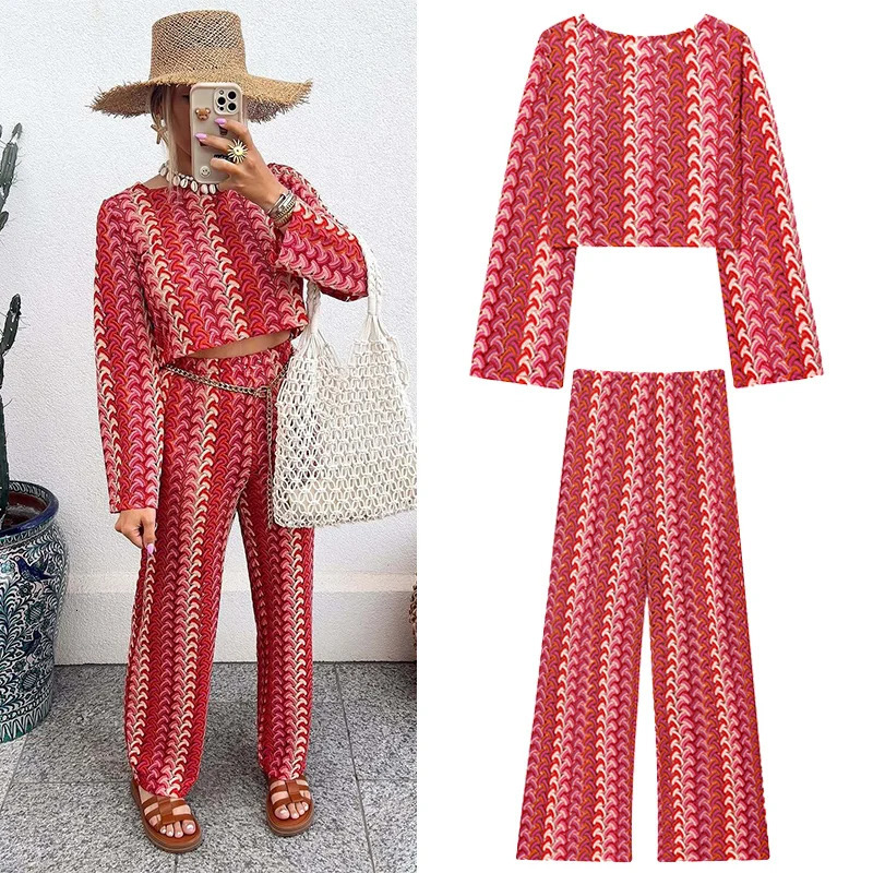Crochet Knitting Pant Sets 2 Pieces For Woman Outfits Fashion Long Sleeve Top Womens Suit Casual Two Set 251021