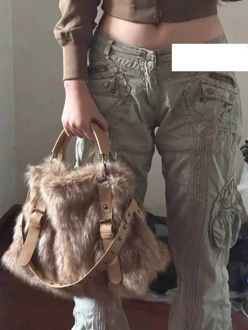 JIAERDI Plush Large Capacity Tote Bag Women Vintage Autumn Winter Fur Soft Khaki Handbag Female Retro Casual Messenger Bag Y2k Z251018