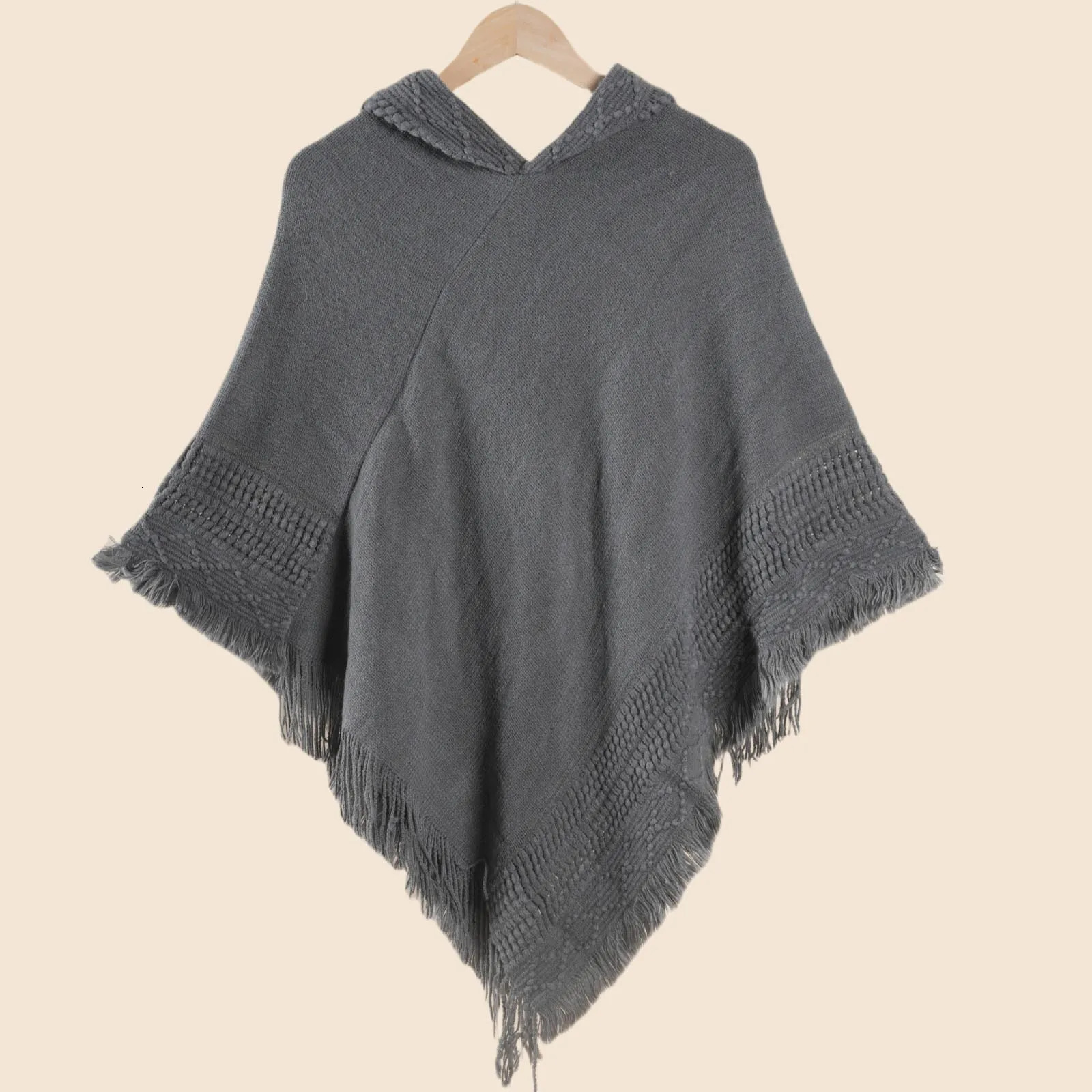 1 elegant autumn and winter womens hooded knitted cape shawl loose sweater solid color flowing beard versatile warm 251021