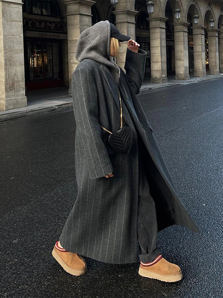 Vintage Womens Striped Woolen Overcoat Long Sleeve Fashion Lapel Oversized Coat Autumn Winter Commute Jacket for Ladies 251013