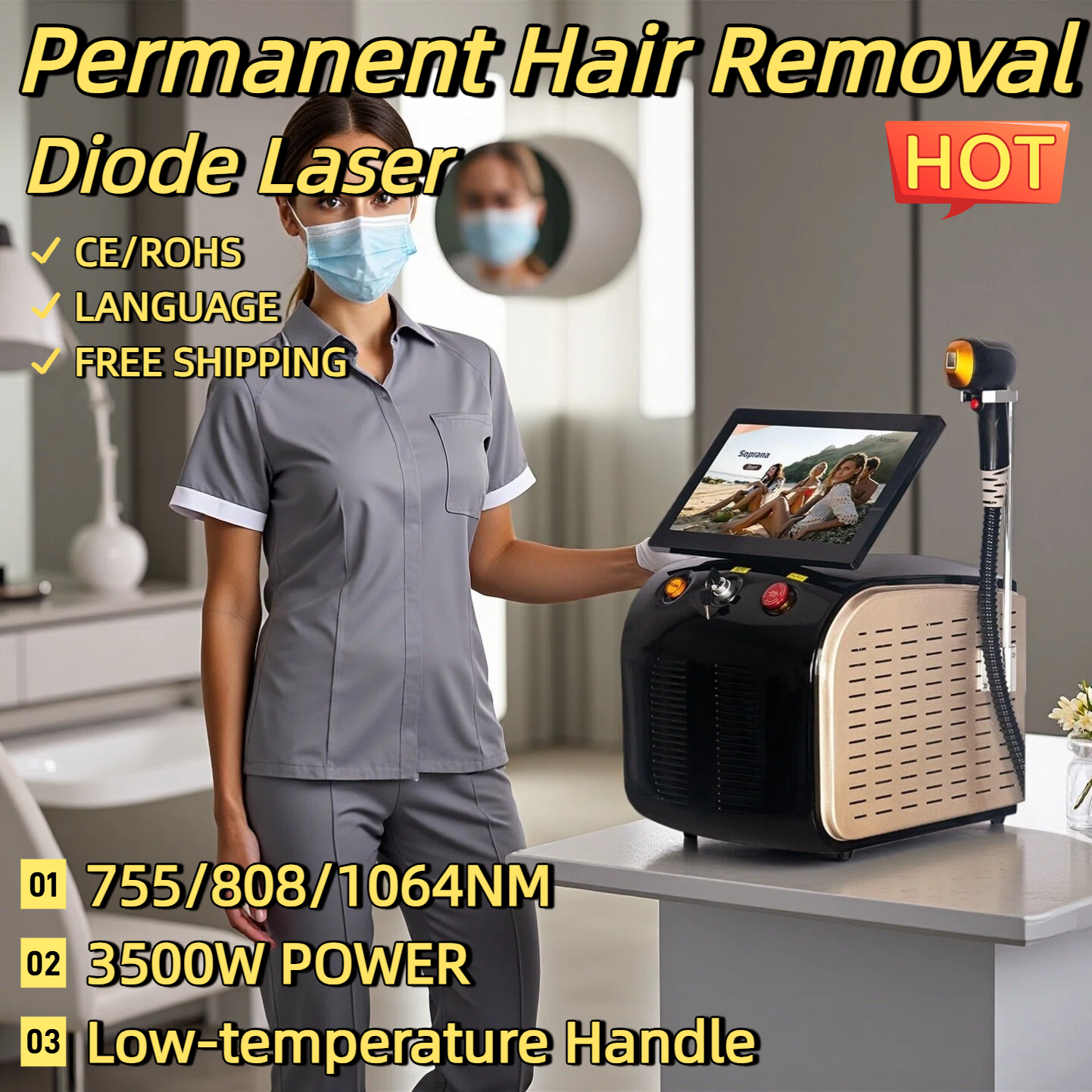 Best Depilator New Ice Platinum Cooling System Skin Care 808nm Diode Laser Hair Removal Machine 3-Wavelength 755/808/1064nm