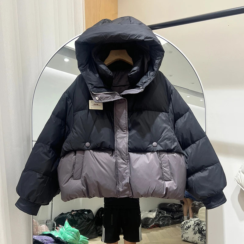 Winter Short Patchwork Hooded Parker Down Jacket Female Zipper Waterproof Thick Outwears Women White Duck Puff Warm Jackets 251017