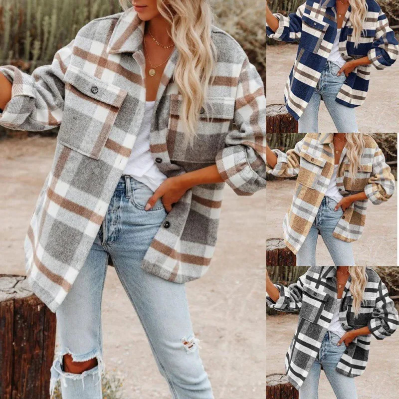 Autumn and Winter Longsleeved Loose Plaid Shirt Tweed Jacket Female 251021