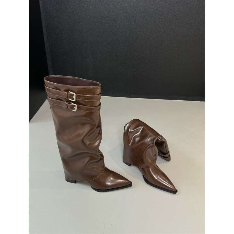 2025 Autumn Winter New Korean Style Designer Shoe Chunky Booties for Women, Niche Design Pointed Toe Mid Heel High Tube Fashion Boots