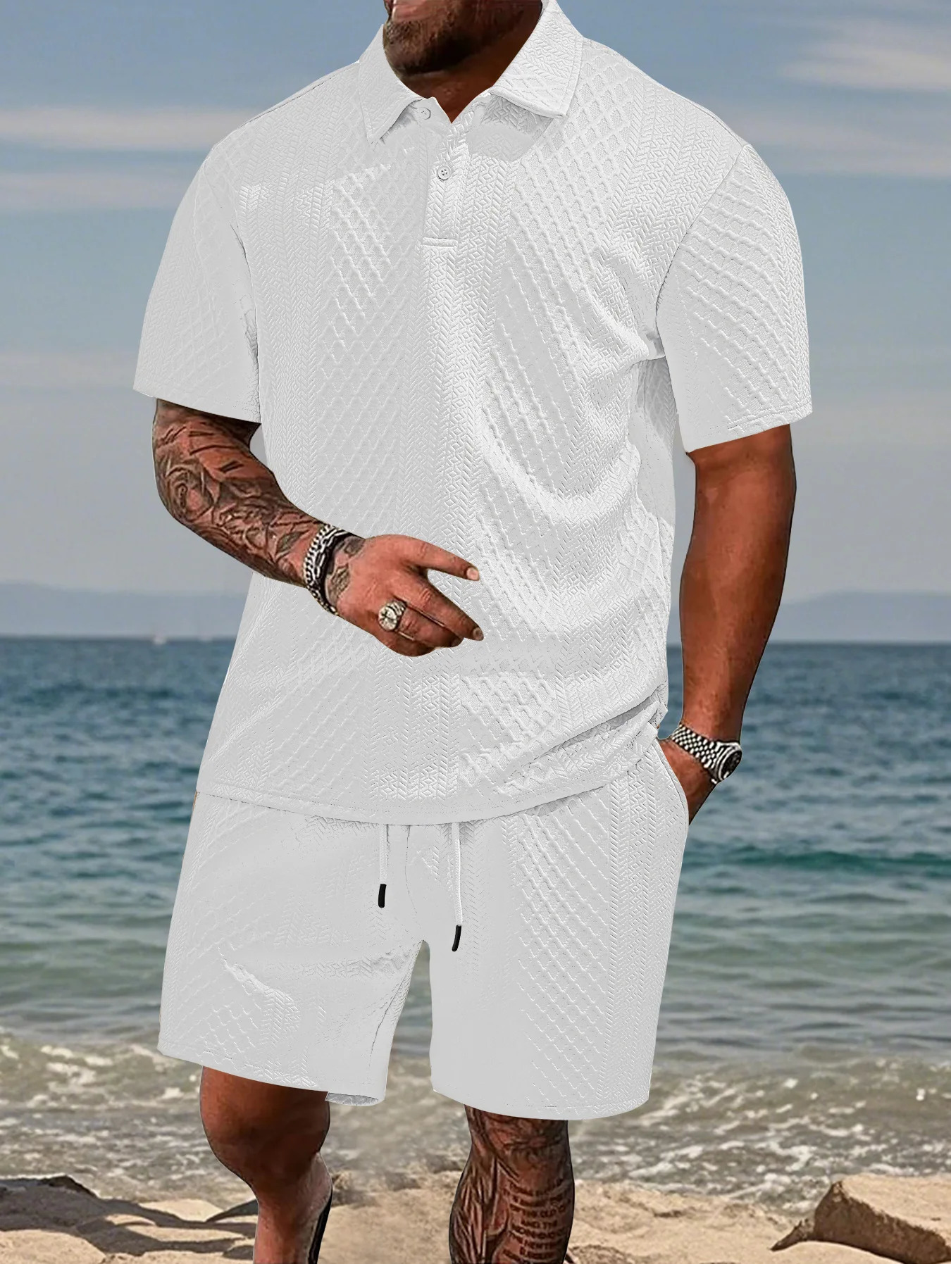 2025 Summer Mens Casual Sportswear Polo Shirt With A Lapel Mens Shortsleeved Shirt And Shorts Jacquard Texture Suit i251021