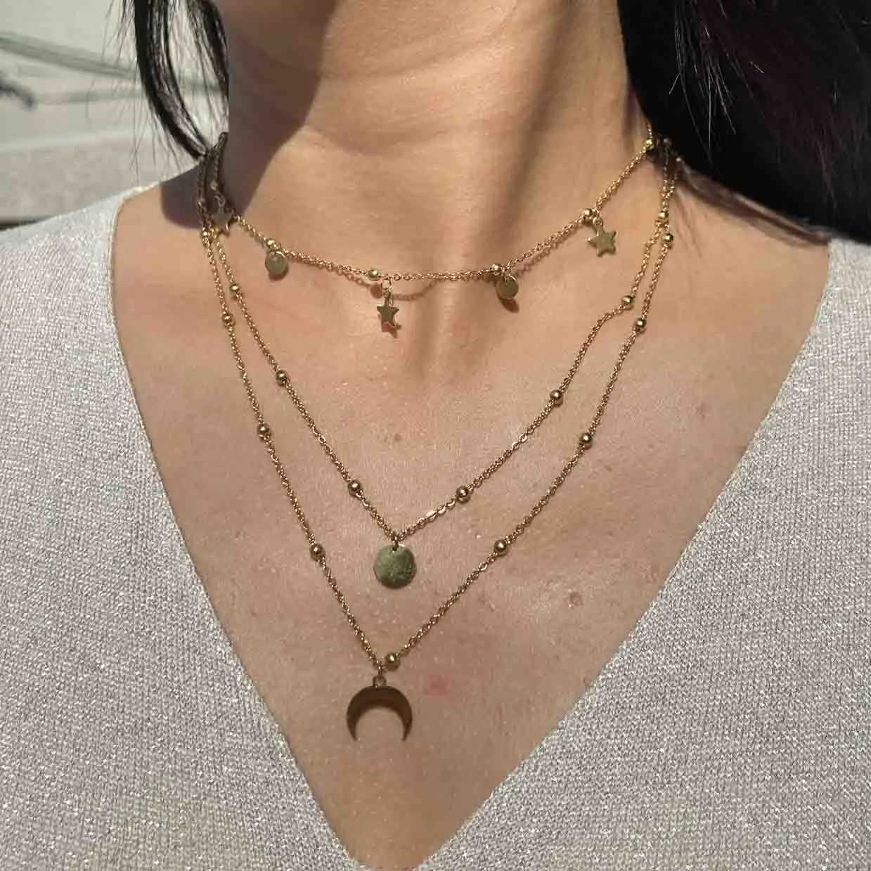 MinaMaMa Stainless Steel Stackable Chains Star Choker For Woman Girls Multilayer Horn Round Disc Moon Tassel Necklaces JewelryXJ251018