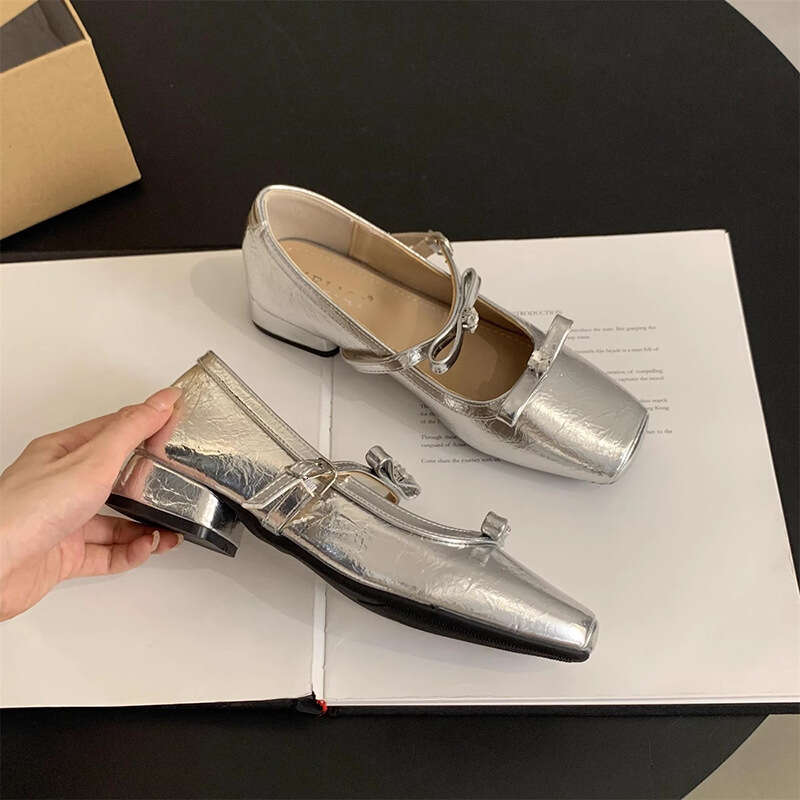 Designer Shoe Silk Satin Silver Single for Women New Bowknot French Style Elegant Fairy Dress with Chunky Heels Mary Jane Shoes