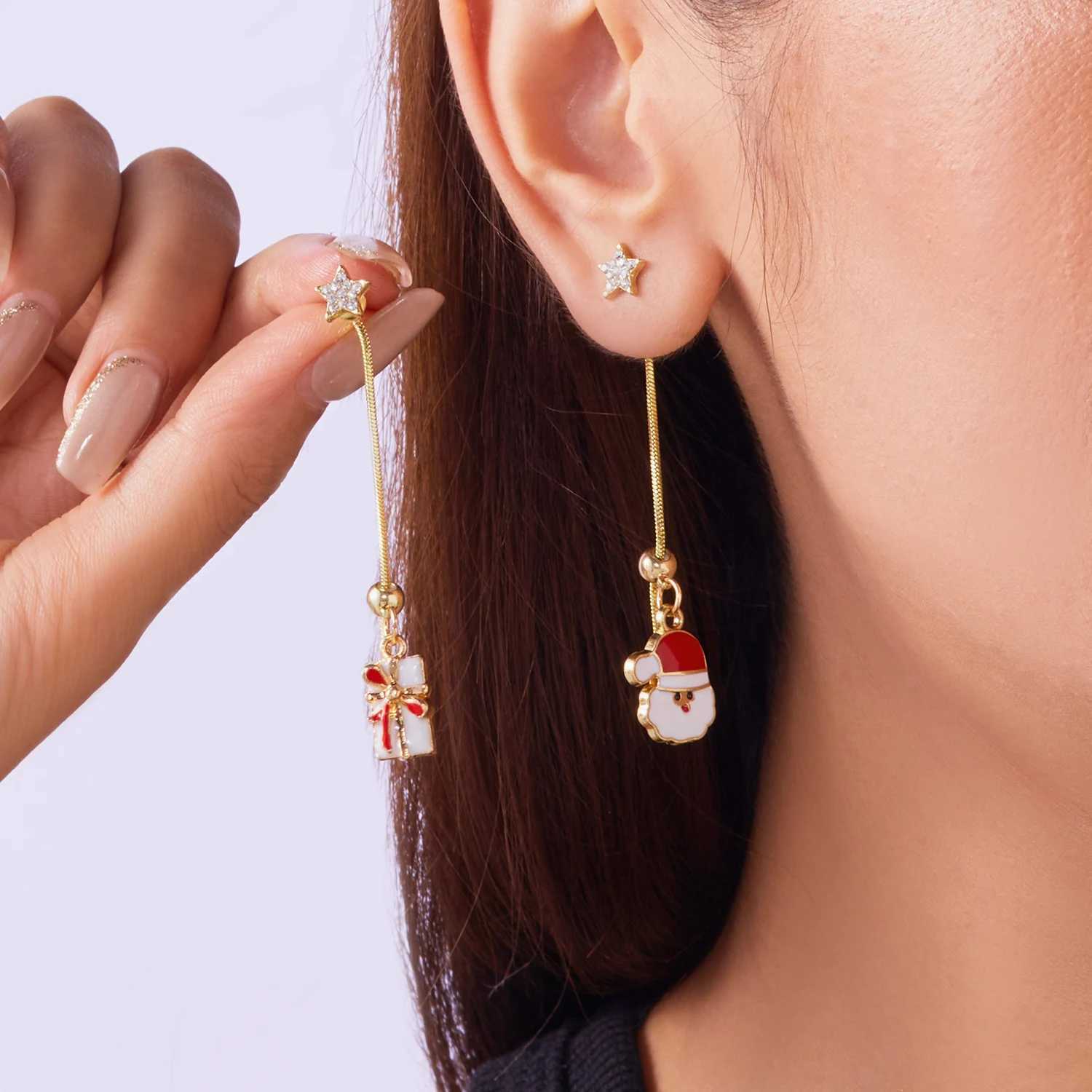 Moving Santa Claus Asymmetric Long Tassel Drop Earrings For Women Christmas Tree Snowflake Star Zircon Earring New Year Jewelry J251110