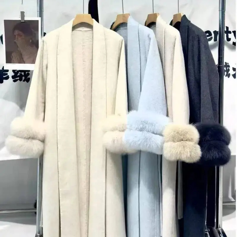 EWQ Double Sleeved Fur Fox Fur Thick Outerwear Purple Wool Coat Beautiful Overcoats Cardigan With Belt Autumn Winter 251017