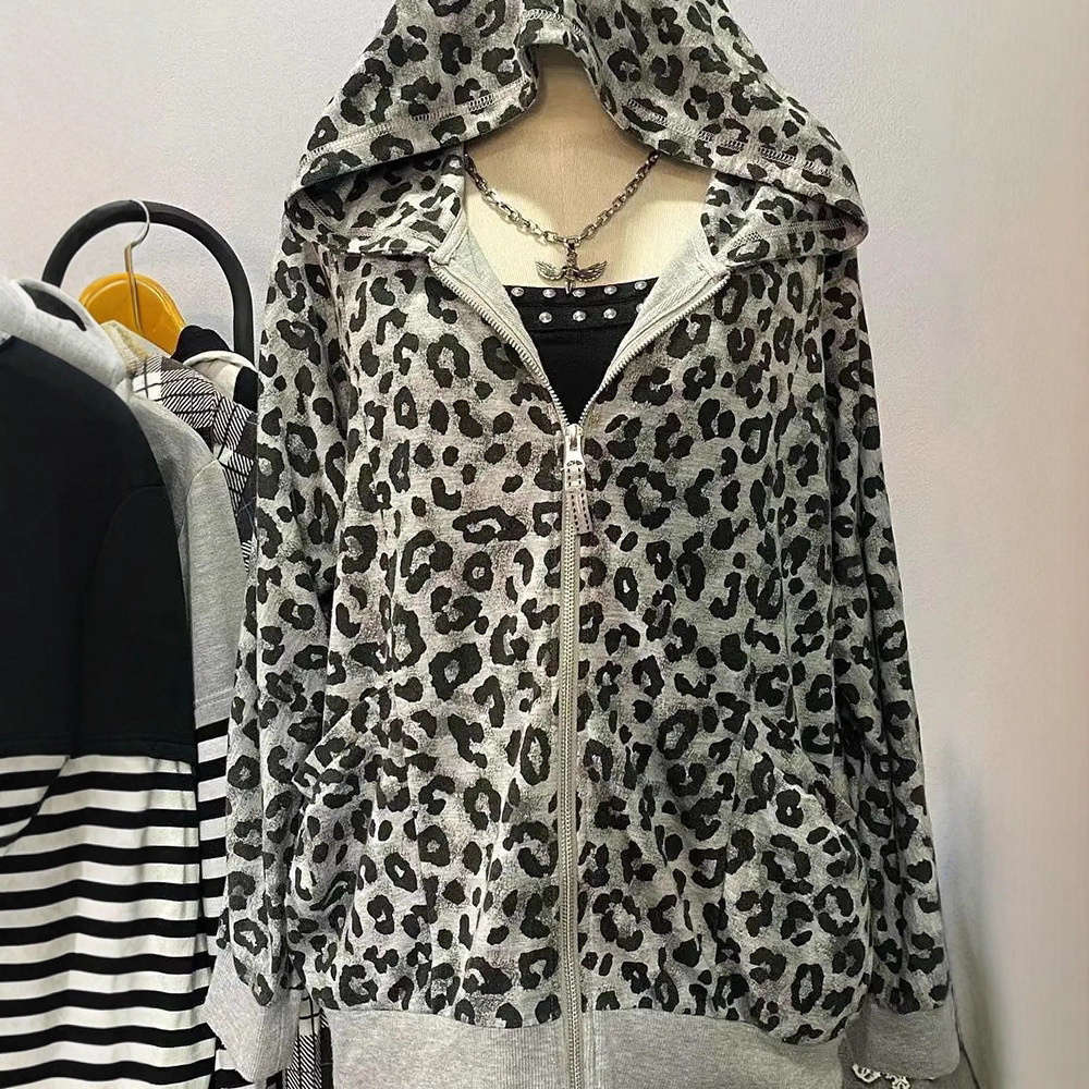2025 American retro spicy leopard print hooded sweatshirt retro women's new autumn and winter zipper jacket designer luxury hooded sweatshirt