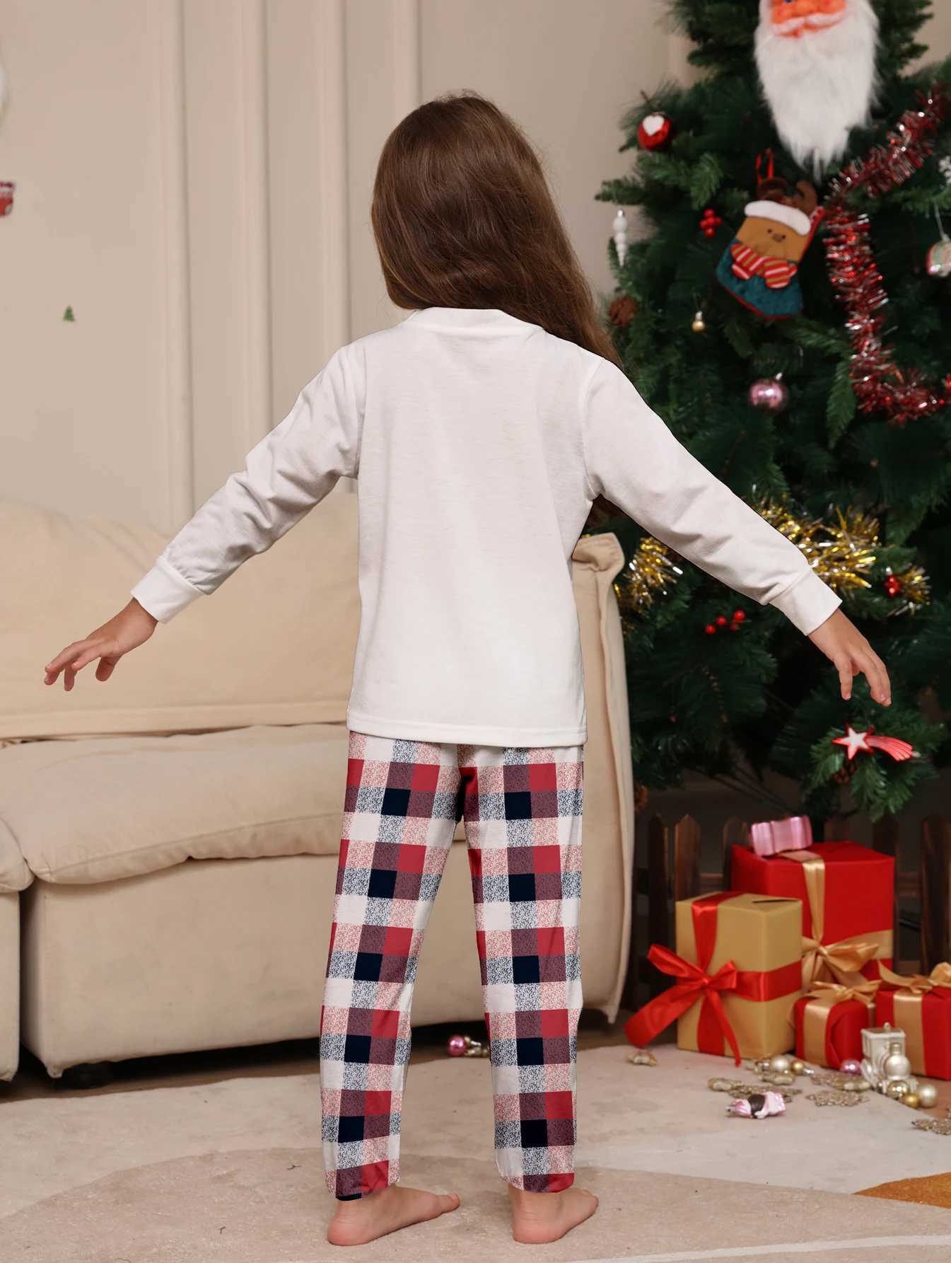 Festive Family Matching Pajamas White Reindeer Christmas Themed Top Red Plaid Pants Set L251021EVQM