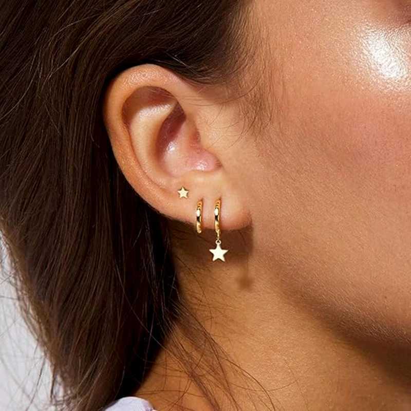 3 Pairs Gold Plated Stainless Steel Stud Earrings Set Heart Moon Star Small Hoop Earrings For Women J251021
