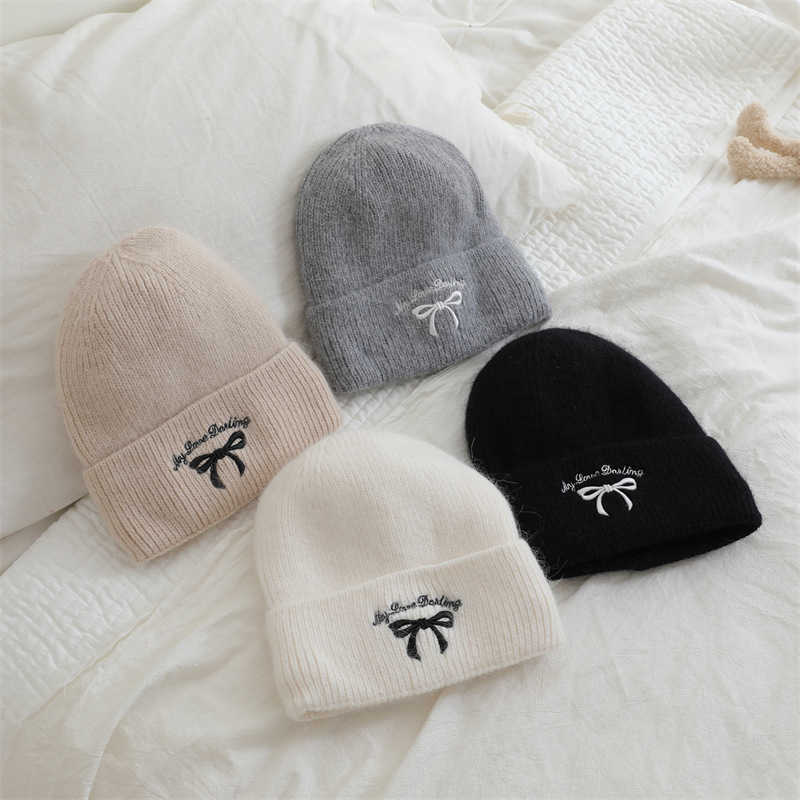 Style Bowknot Knitted Embroidered Hat Unisex Warm Rabbit Fur Yarn Hat for Women H251020