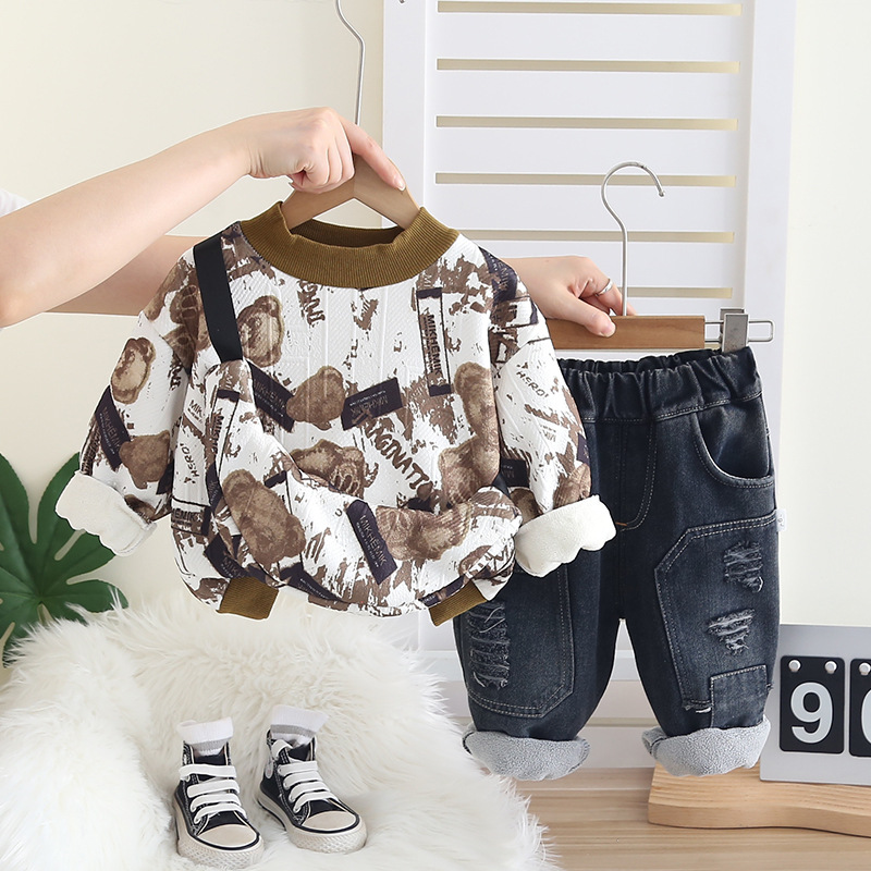 2025 Boys Fleece-Lined Hoodie Set 2-Piece, Korean Street Style Winter Outfit for Toddler Boys