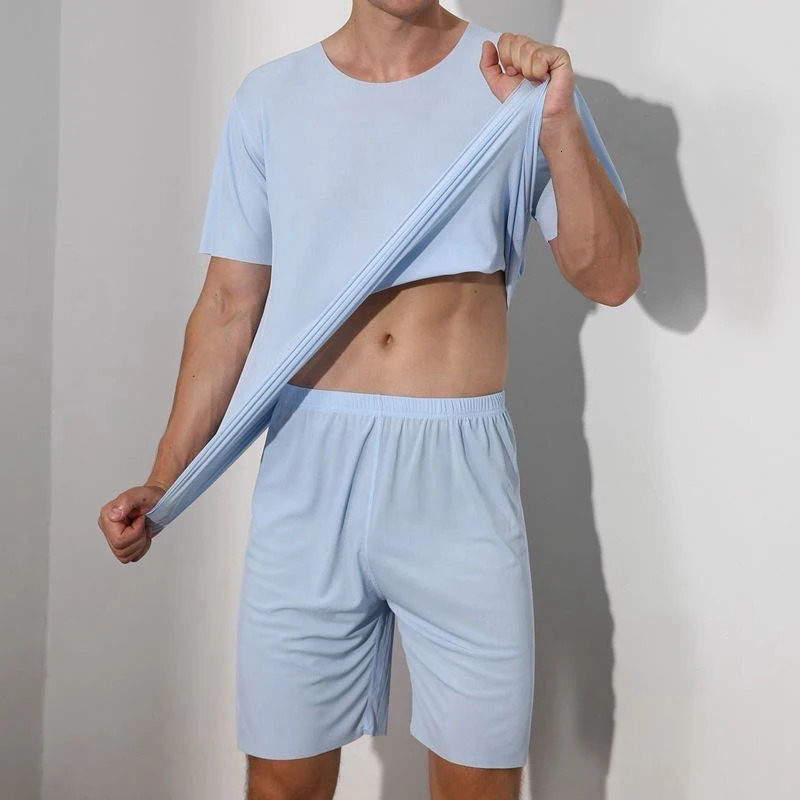 Men Ice Silk Pajamas Solid Shirt Pants 2Pcs Pijamas Sleep Set Casual Male Home Clothes Summer Pyjamas Sleepwear Nightwear Suit 251021