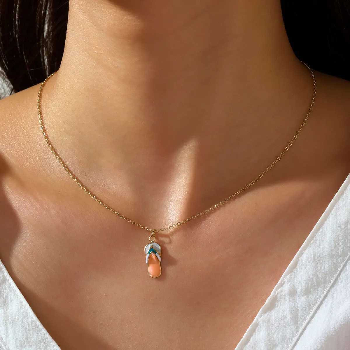 Waterproof Stainless Steel Cute Enamel Beach Slippers Charm Necklace 14K Gold Color Pendant Choker Jewelry For Women Daily Wear XJ250717
