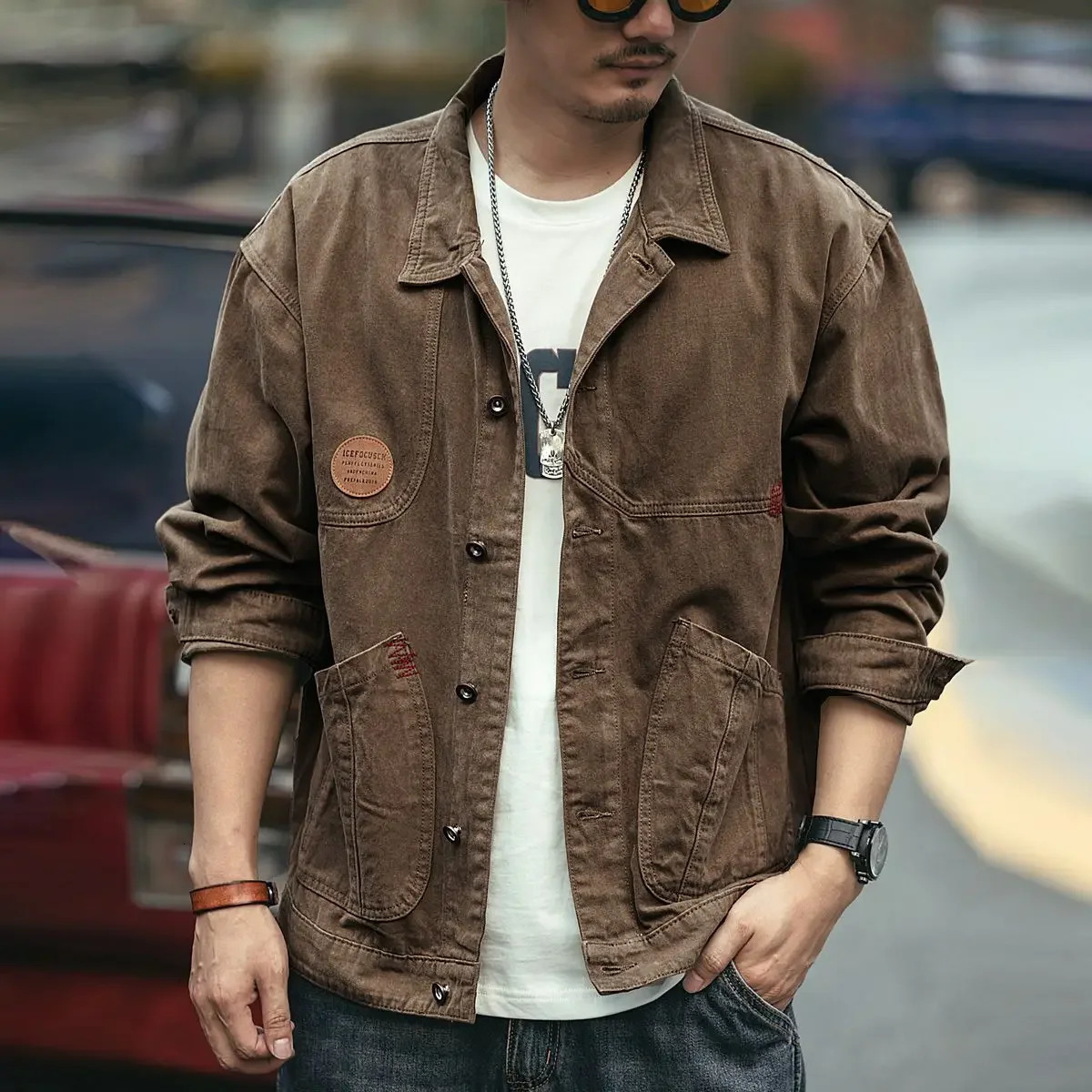 Mens Denim Jacket Brown Plus Size Cargo Male Jean Coats Camouflage Fast Delvery of Fabric Korean Clothes Vintage Elatic 251010